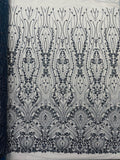 FEATHER  - SMOKE BLUE - Designs Embroider with Sequins and Heavy Beaded on a Mesh Lace Fabric - Sold By The Yard