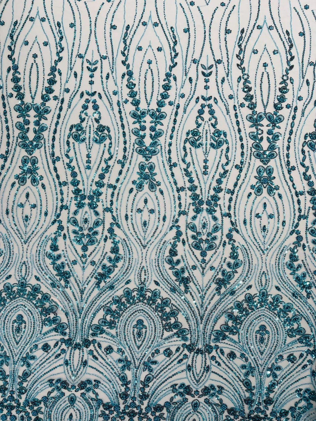FEATHER  - TURQUOISE - Designs Embroider with Sequins and Heavy Beaded on a Mesh Lace Fabric - Sold By The Yard