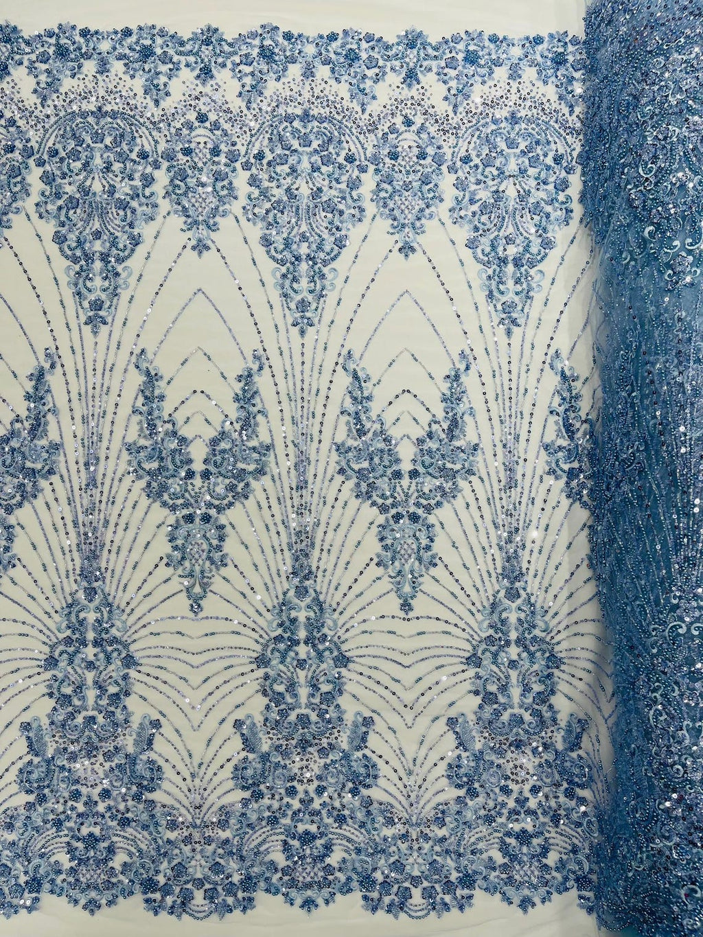 DAMASK  - BABY BLUE - Designs Embroider with Sequins and Heavy Beaded on a Mesh Lace Fabric - Sold By The Yard