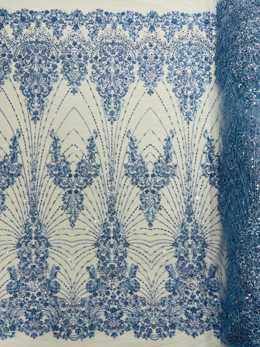 DAMASK  - BABY BLUE - Designs Embroider with Sequins and Heavy Beaded on a Mesh Lace Fabric - Sold By The Yard