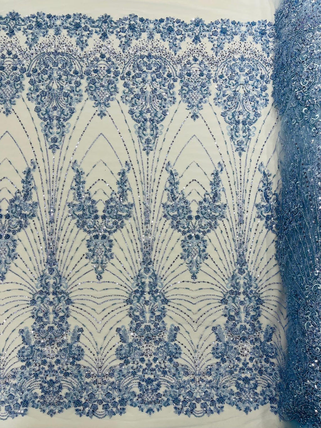 DAMASK  - BABY BLUE - Designs Embroider with Sequins and Heavy Beaded on a Mesh Lace Fabric - Sold By The Yard