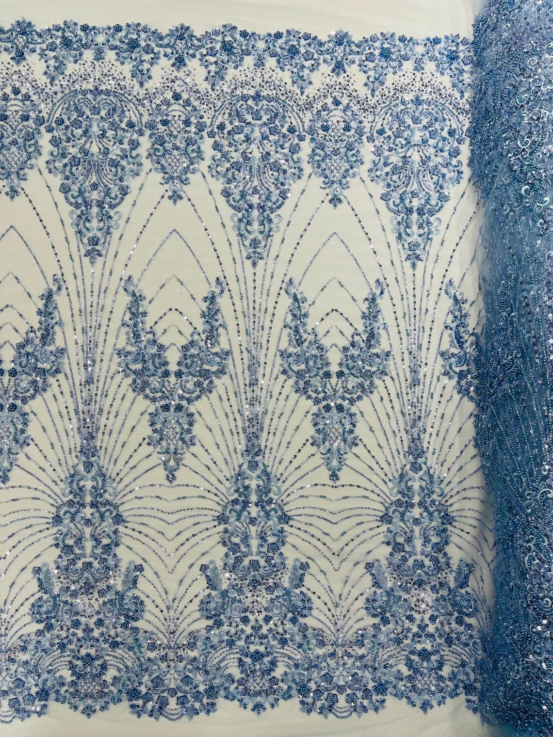 DAMASK  - BABY BLUE - Designs Embroider with Sequins and Heavy Beaded on a Mesh Lace Fabric - Sold By The Yard
