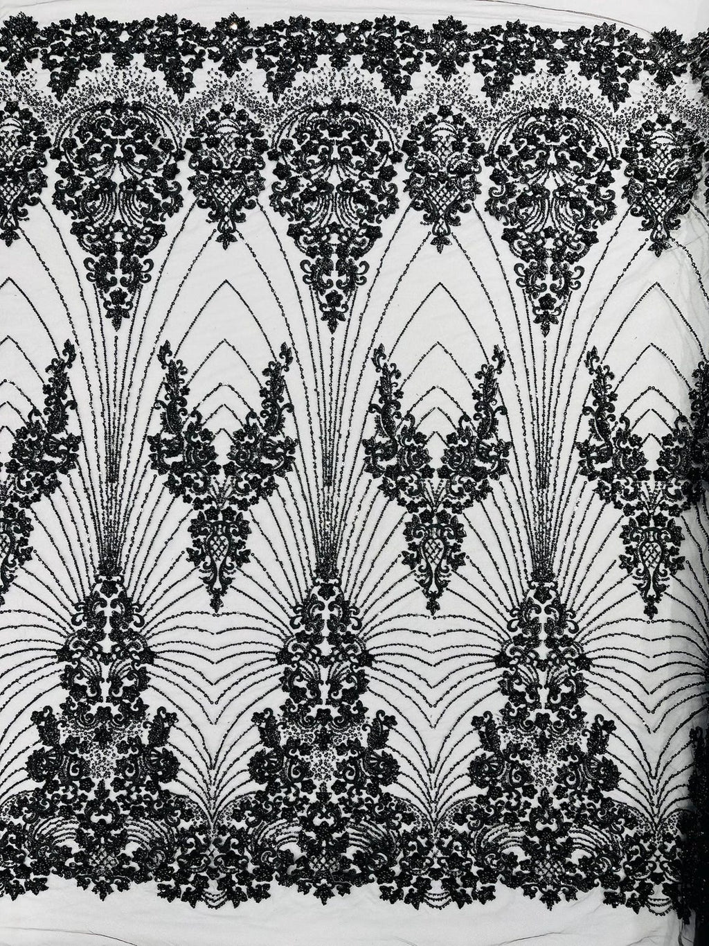 DAMASK  - BLACK - Designs Embroider with Sequins and Heavy Beaded on a Mesh Lace Fabric - Sold By The Yard