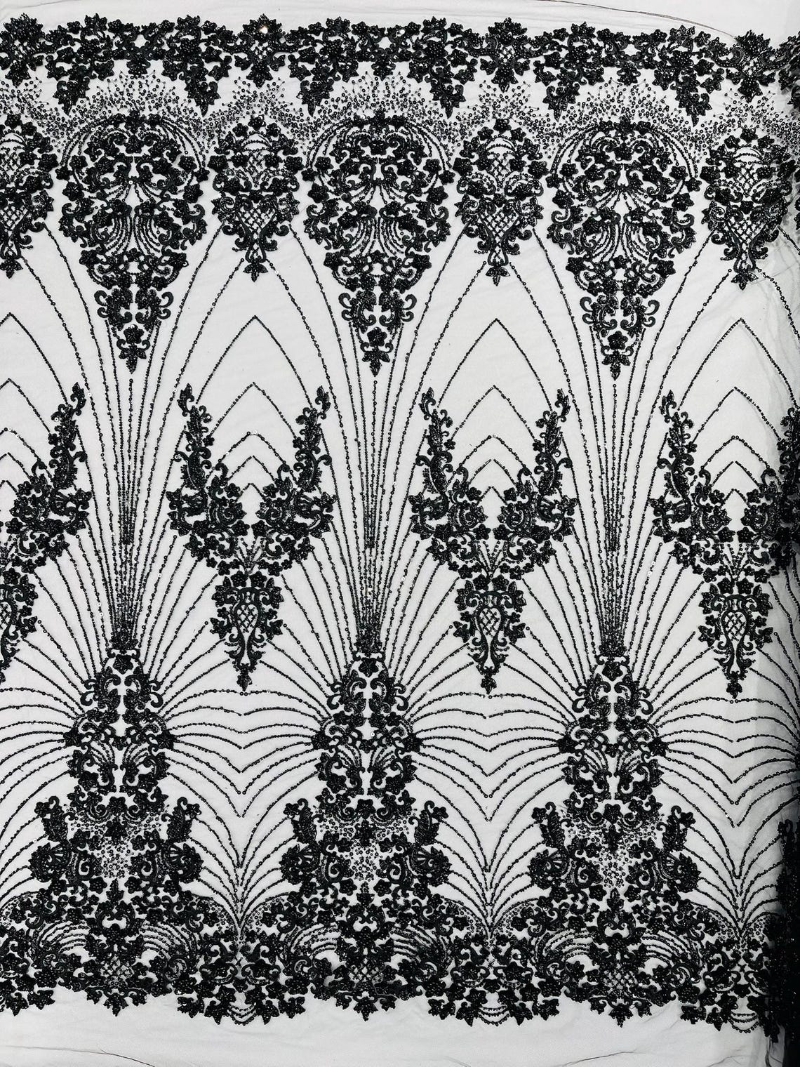 DAMASK  - BLACK - Designs Embroider with Sequins and Heavy Beaded on a Mesh Lace Fabric - Sold By The Yard