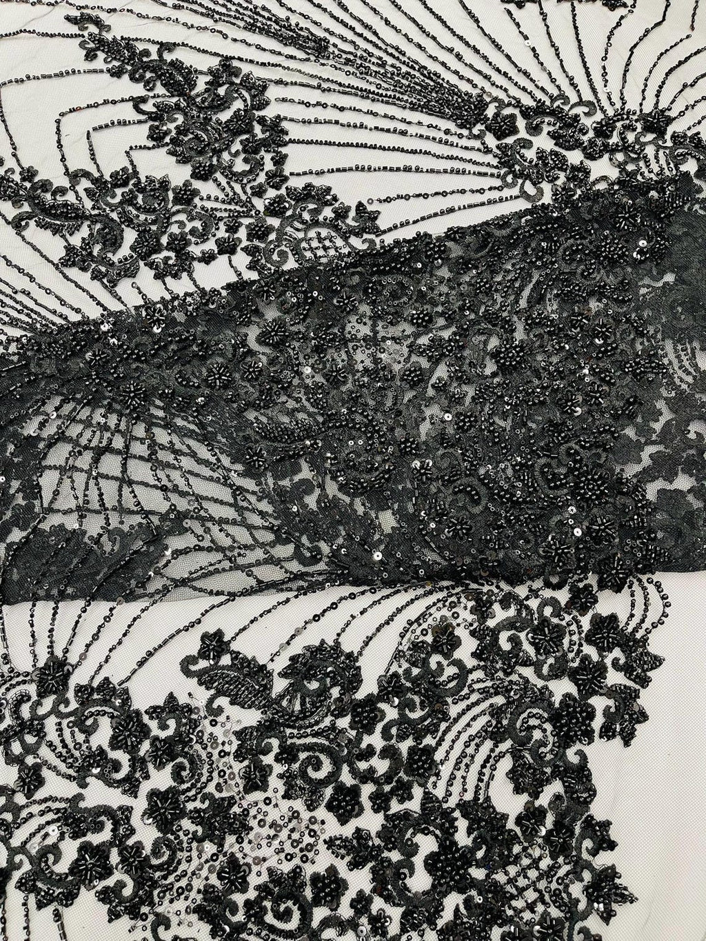 DAMASK  - BLACK - Designs Embroider with Sequins and Heavy Beaded on a Mesh Lace Fabric - Sold By The Yard