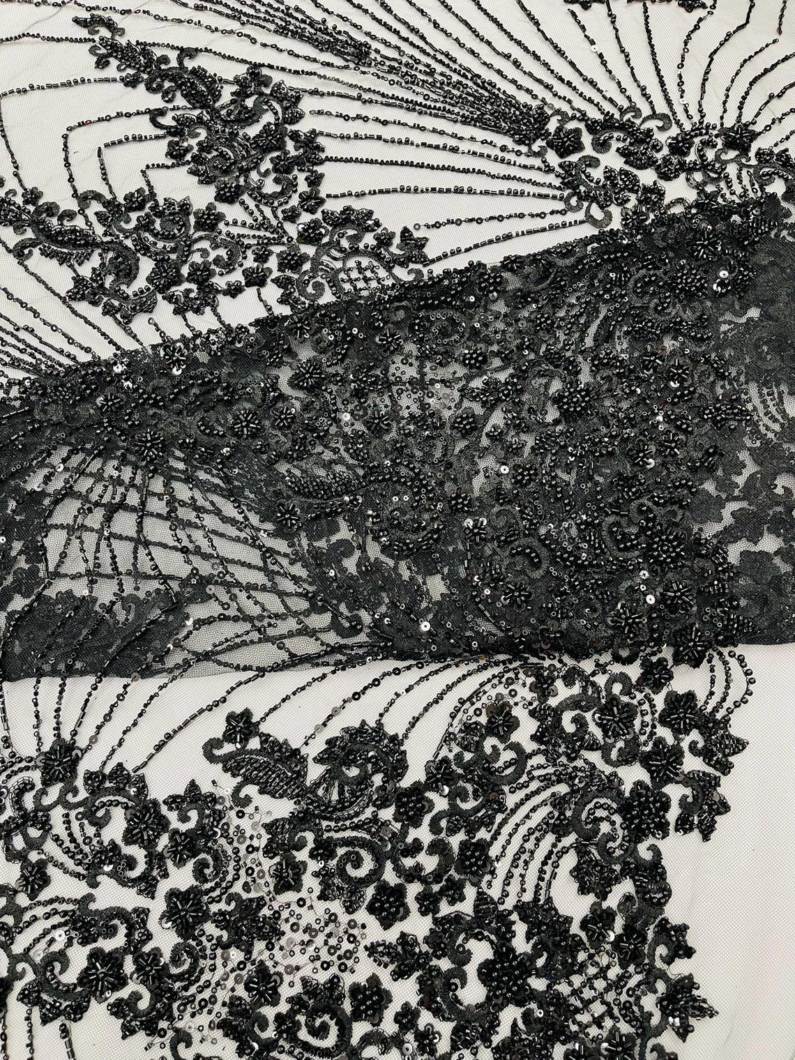 DAMASK  - BLACK - Designs Embroider with Sequins and Heavy Beaded on a Mesh Lace Fabric - Sold By The Yard