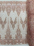 DAMASK  - BLUSH - Designs Embroider with Sequins and Heavy Beaded on a Mesh Lace Fabric - Sold By The Yard