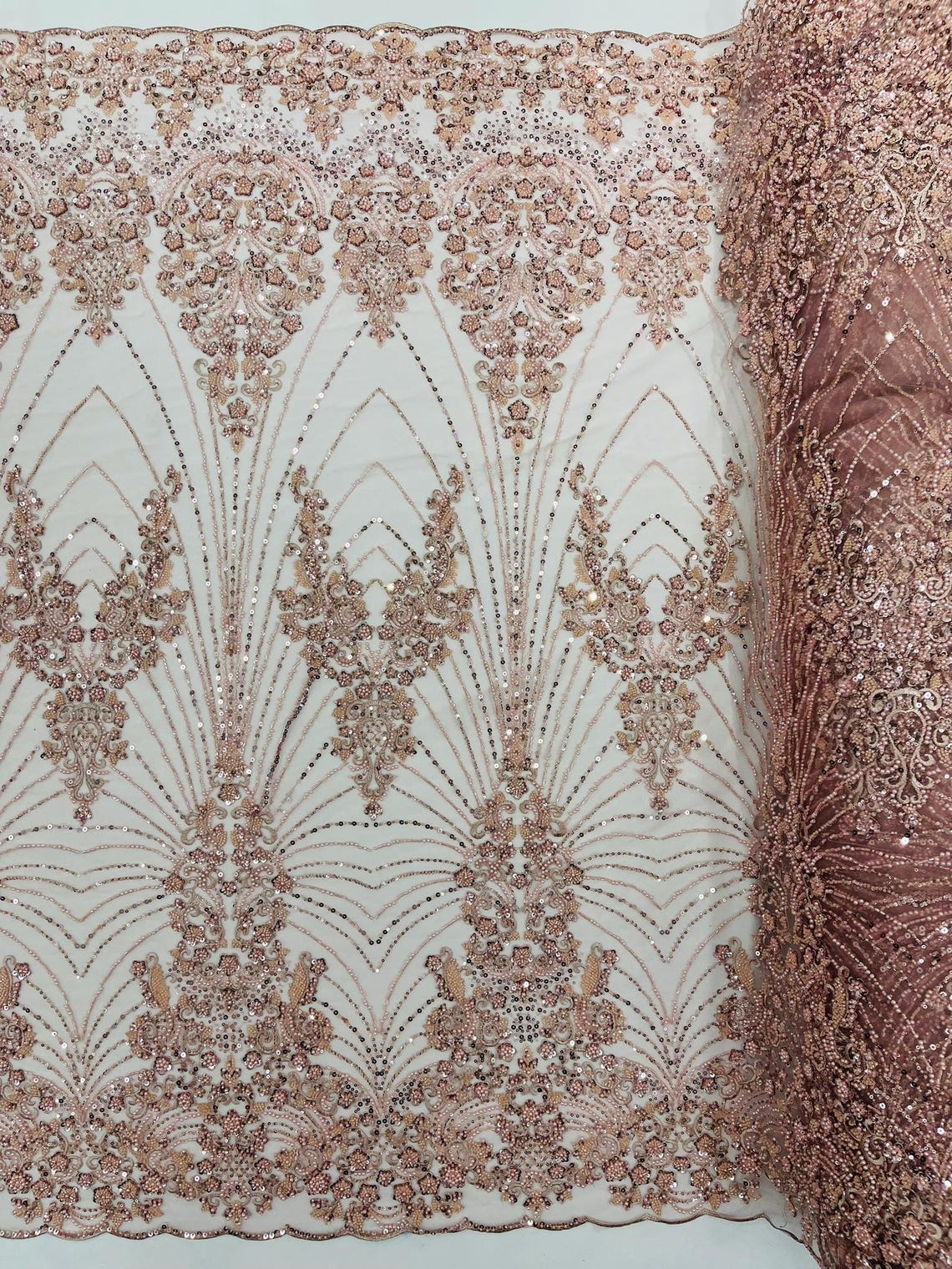 DAMASK  - BLUSH - Designs Embroider with Sequins and Heavy Beaded on a Mesh Lace Fabric - Sold By The Yard