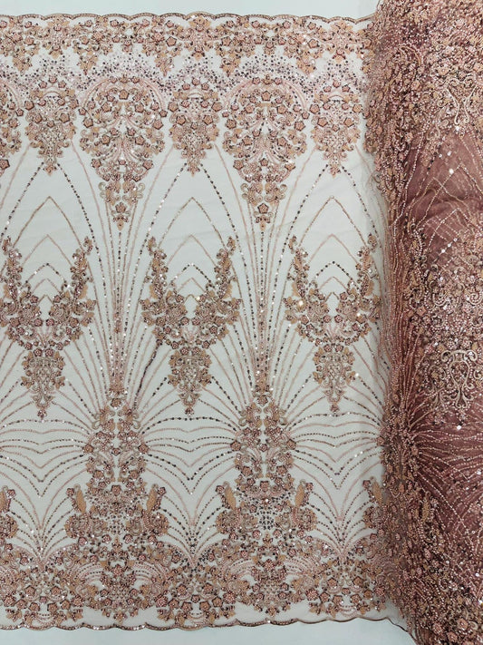 DAMASK  - BLUSH - Designs Embroider with Sequins and Heavy Beaded on a Mesh Lace Fabric - Sold By The Yard