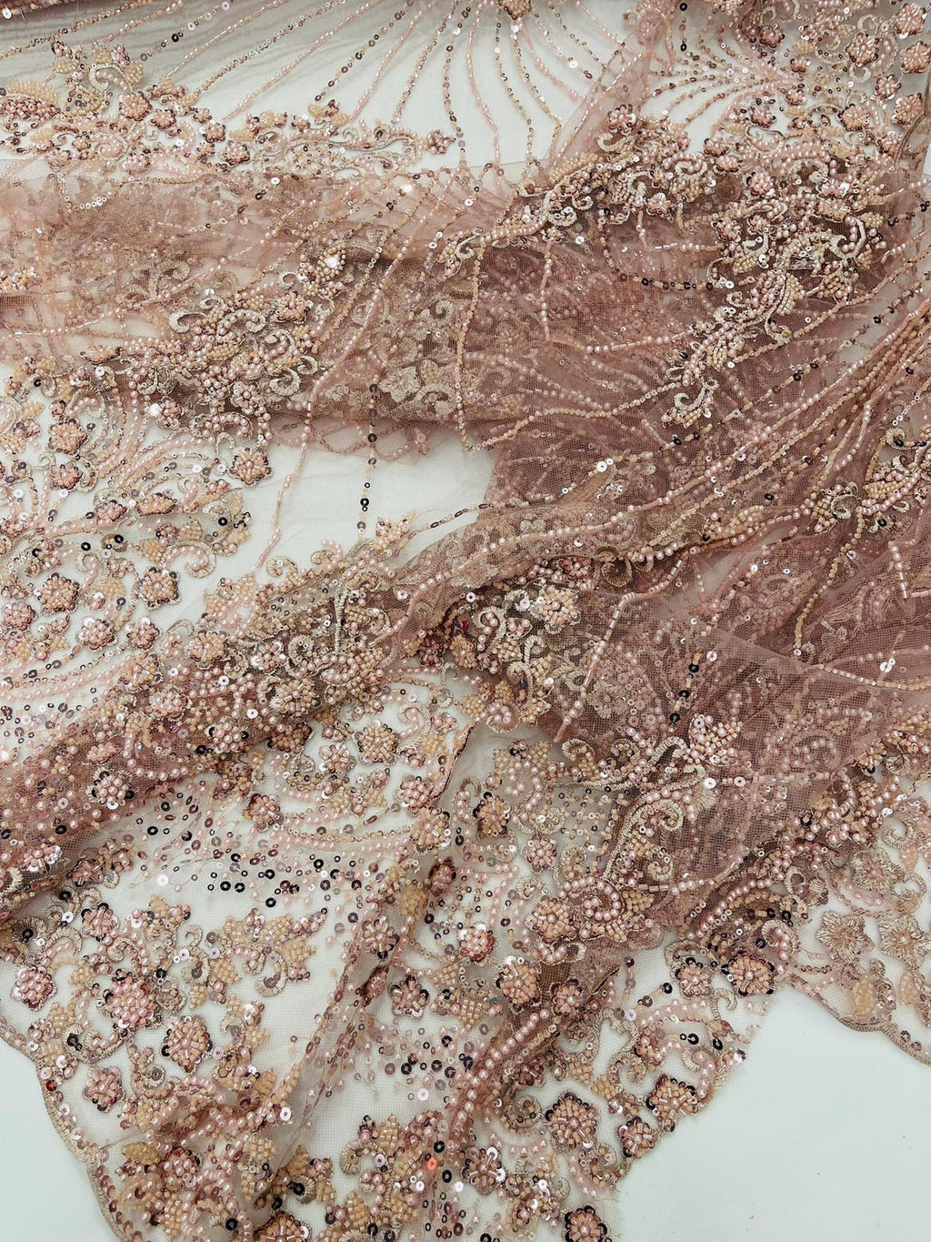 DAMASK  - BLUSH - Designs Embroider with Sequins and Heavy Beaded on a Mesh Lace Fabric - Sold By The Yard