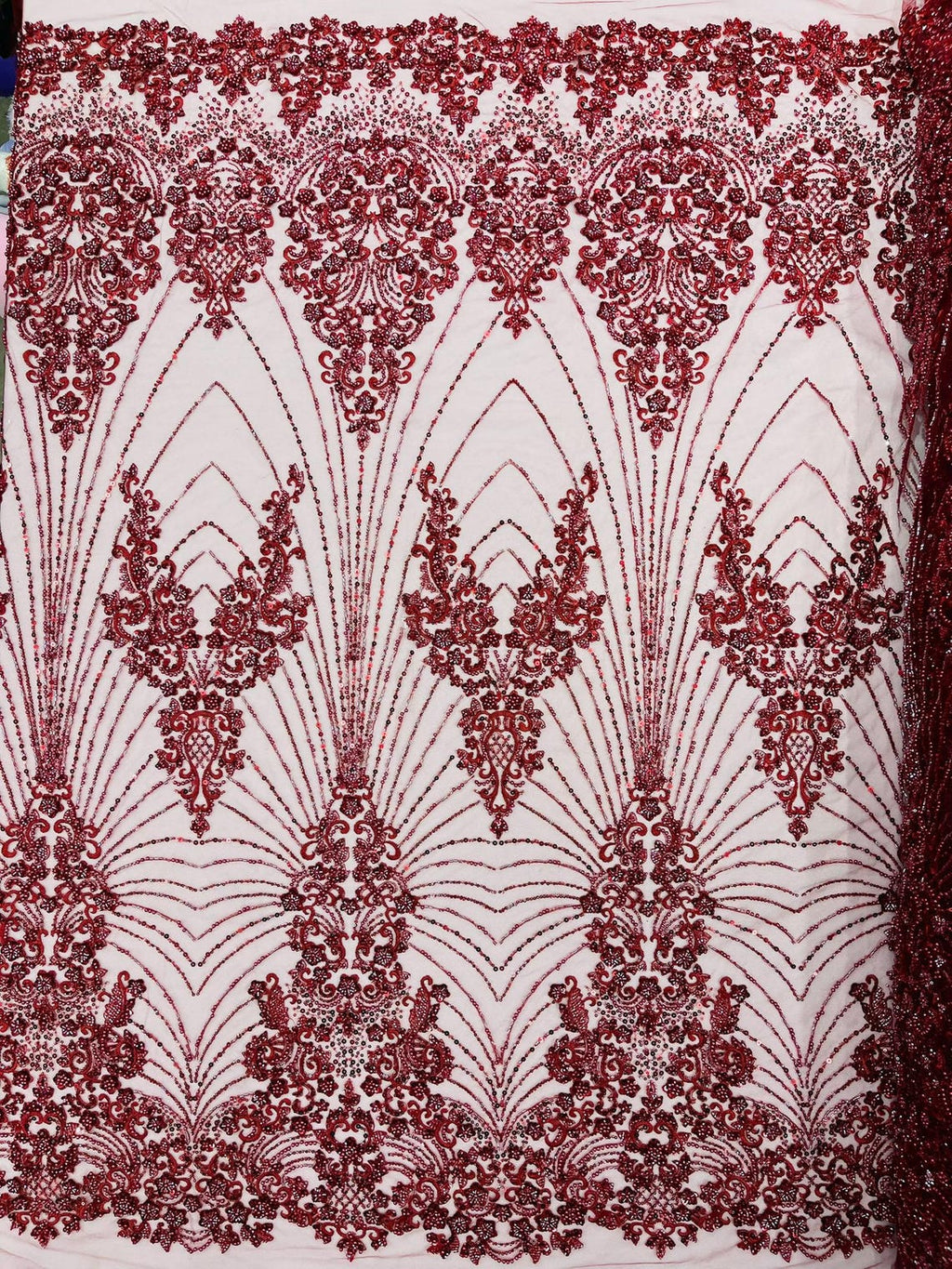 DAMASK  - BURGUNDY - Designs Embroider with Sequins and Heavy Beaded on a Mesh Lace Fabric - Sold By The Yard
