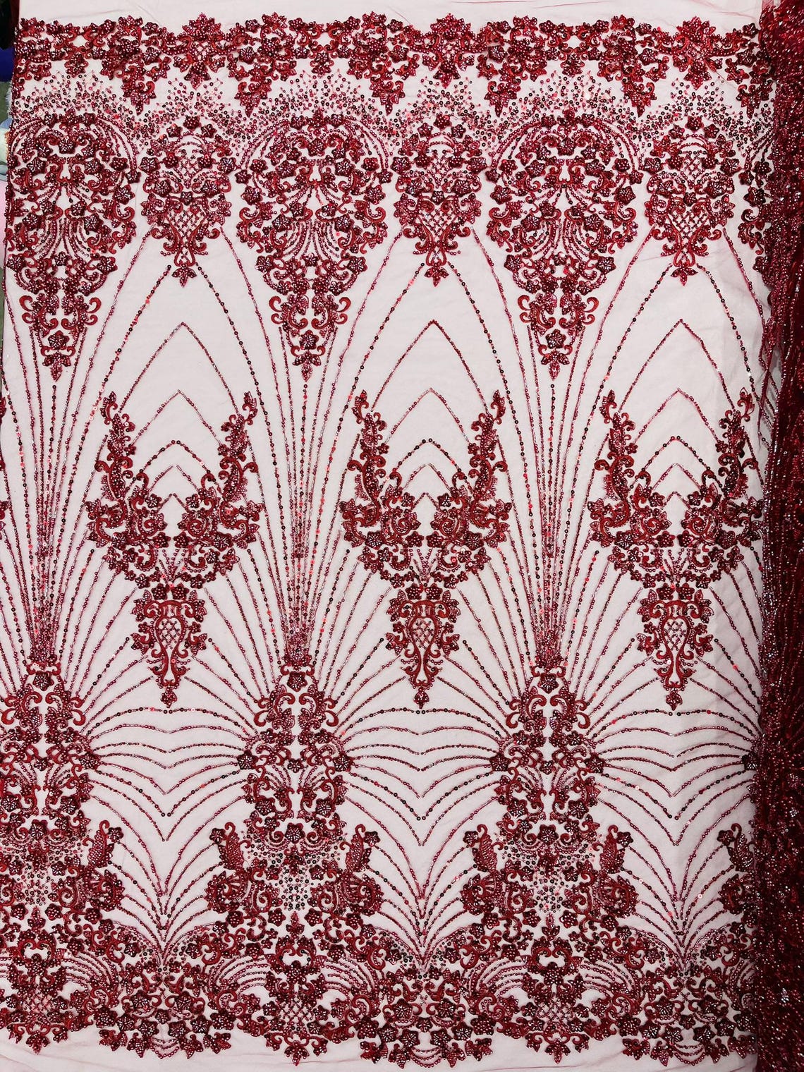 DAMASK  - BURGUNDY - Designs Embroider with Sequins and Heavy Beaded on a Mesh Lace Fabric - Sold By The Yard