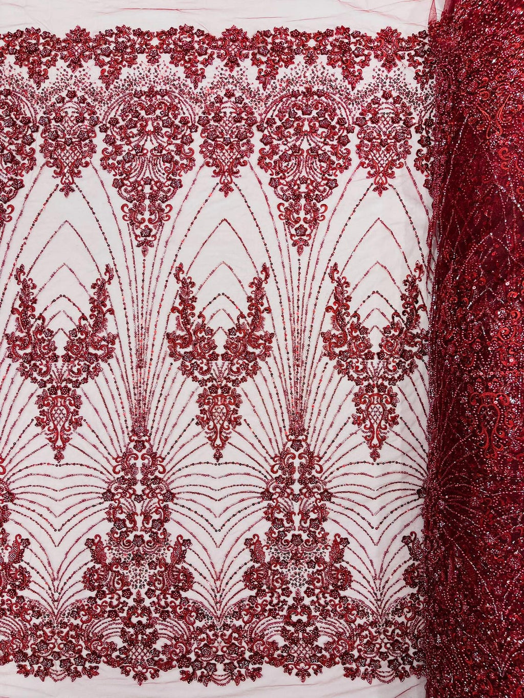 DAMASK  - BURGUNDY - Designs Embroider with Sequins and Heavy Beaded on a Mesh Lace Fabric - Sold By The Yard