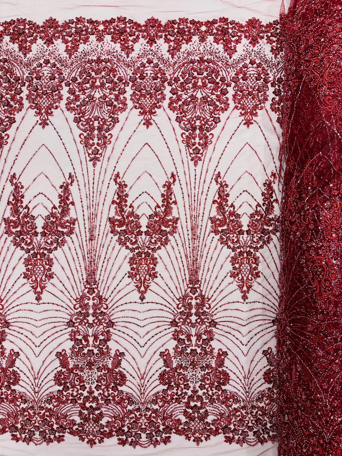 DAMASK  - BURGUNDY - Designs Embroider with Sequins and Heavy Beaded on a Mesh Lace Fabric - Sold By The Yard