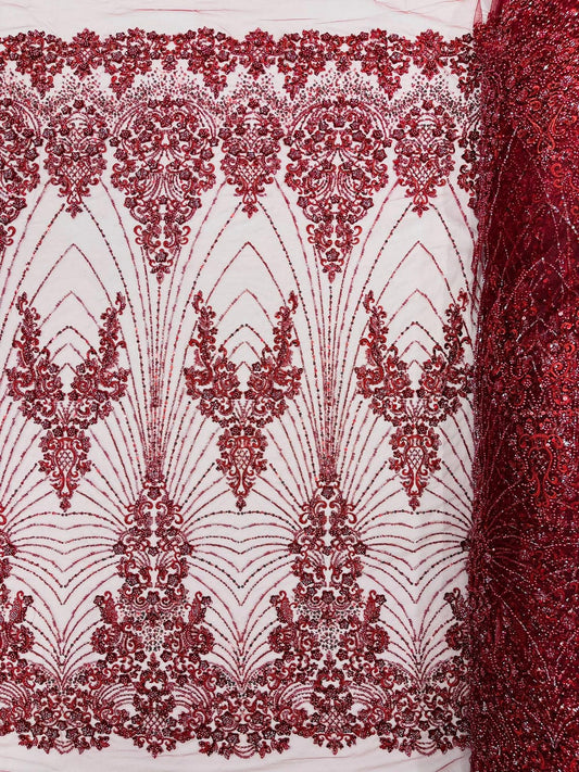 DAMASK  - BURGUNDY - Designs Embroider with Sequins and Heavy Beaded on a Mesh Lace Fabric - Sold By The Yard