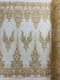 DAMASK  - CHAMPAGNE - Designs Embroider with Sequins and Heavy Beaded on a Mesh Lace Fabric - Sold By The Yard