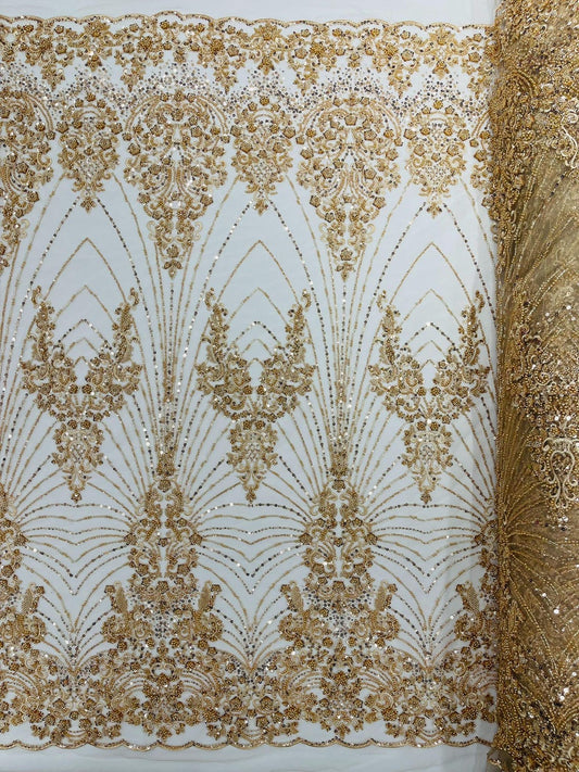 DAMASK  - CHAMPAGNE - Designs Embroider with Sequins and Heavy Beaded on a Mesh Lace Fabric - Sold By The Yard