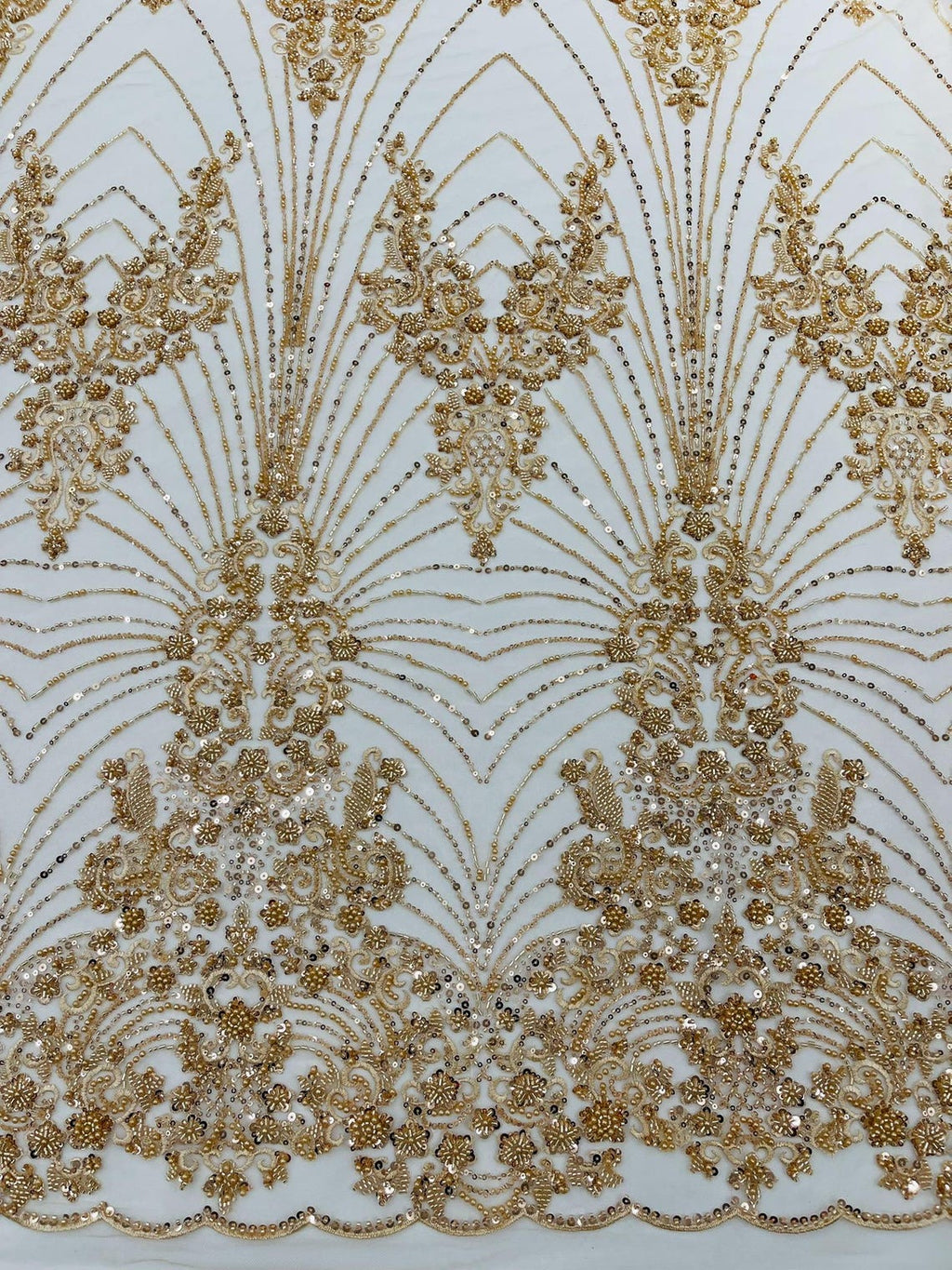 DAMASK  - CHAMPAGNE - Designs Embroider with Sequins and Heavy Beaded on a Mesh Lace Fabric - Sold By The Yard
