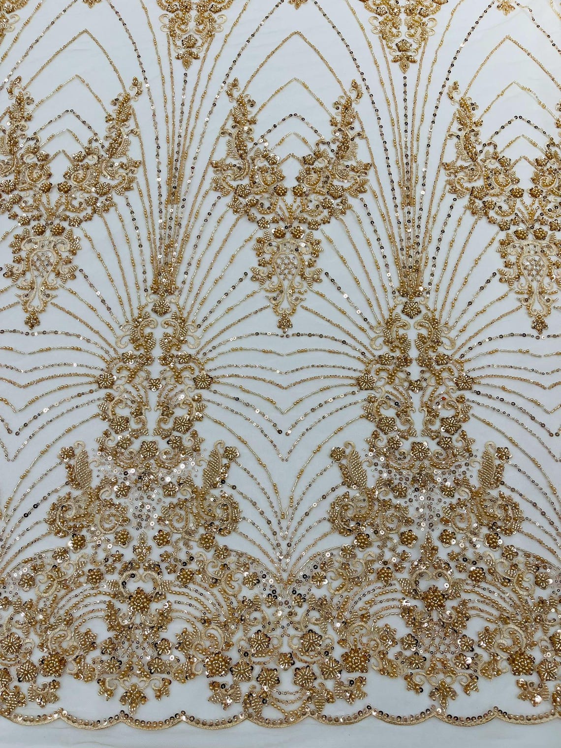 DAMASK  - CHAMPAGNE - Designs Embroider with Sequins and Heavy Beaded on a Mesh Lace Fabric - Sold By The Yard