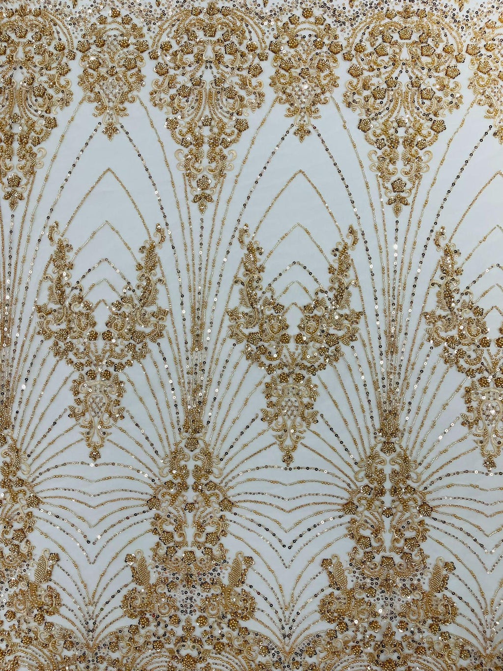 DAMASK  - CHAMPAGNE - Designs Embroider with Sequins and Heavy Beaded on a Mesh Lace Fabric - Sold By The Yard