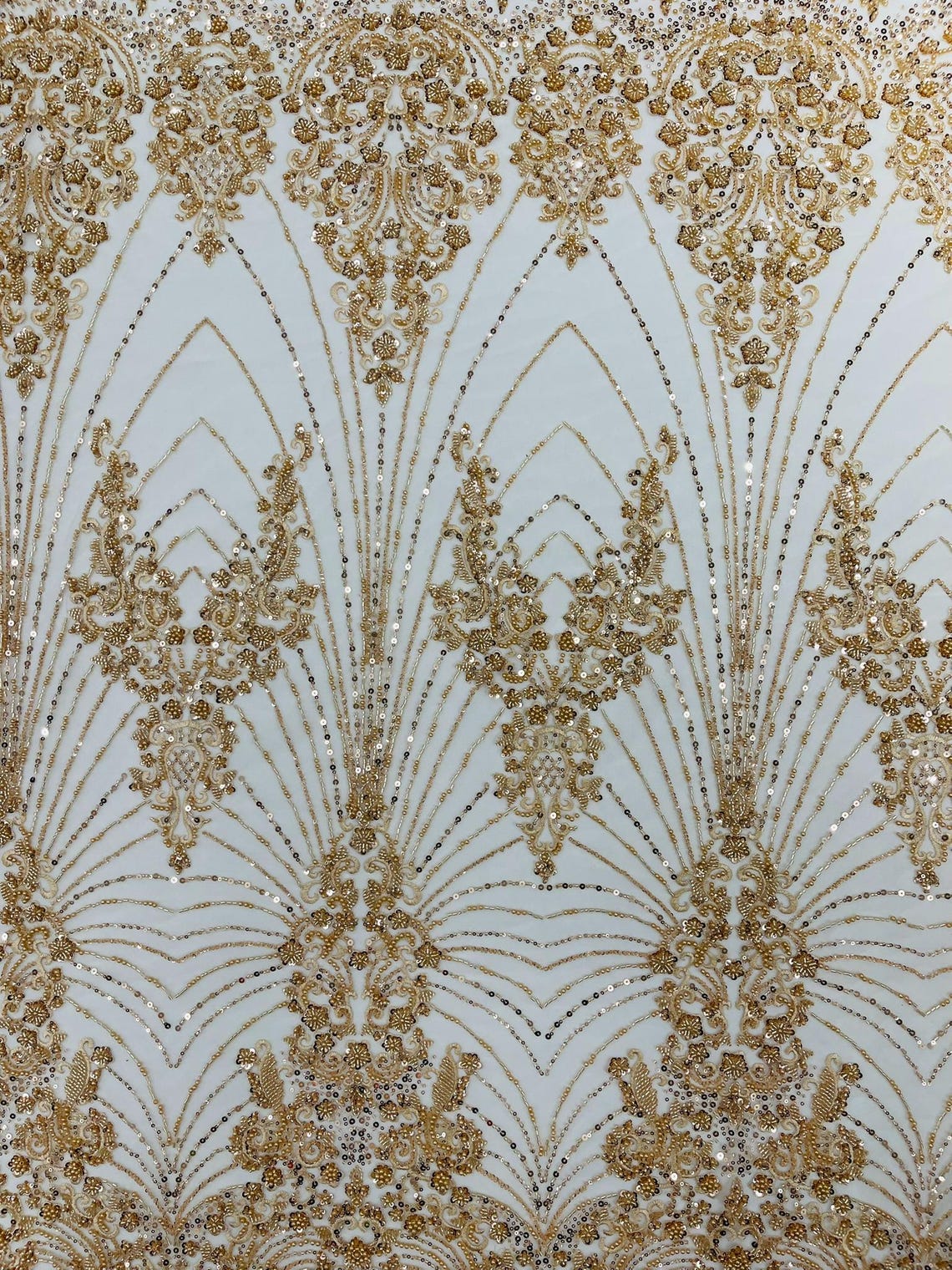 DAMASK  - CHAMPAGNE - Designs Embroider with Sequins and Heavy Beaded on a Mesh Lace Fabric - Sold By The Yard