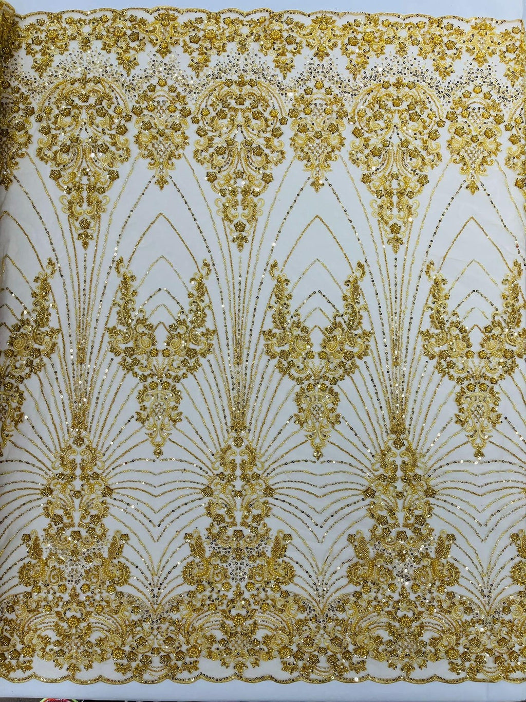 DAMASK  - GOLD - Designs Embroider with Sequins and Heavy Beaded on a Mesh Lace Fabric - Sold By The Yard
