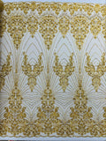DAMASK  - GOLD - Designs Embroider with Sequins and Heavy Beaded on a Mesh Lace Fabric - Sold By The Yard