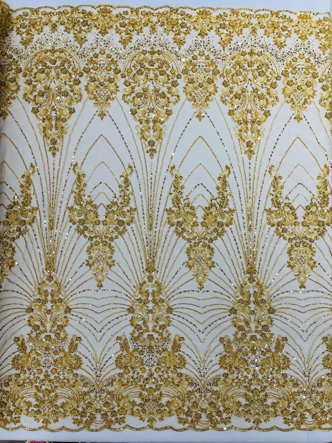 DAMASK  - GOLD - Designs Embroider with Sequins and Heavy Beaded on a Mesh Lace Fabric - Sold By The Yard