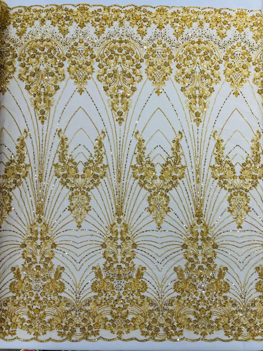 DAMASK  - GOLD - Designs Embroider with Sequins and Heavy Beaded on a Mesh Lace Fabric - Sold By The Yard