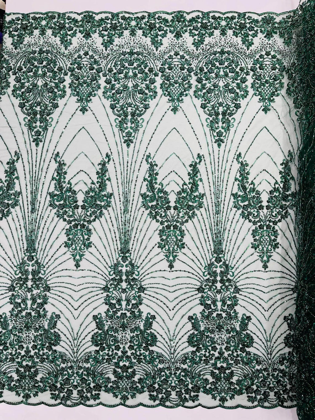 DAMASK  - HUNTER - Designs Embroider with Sequins and Heavy Beaded on a Mesh Lace Fabric - Sold By The Yard