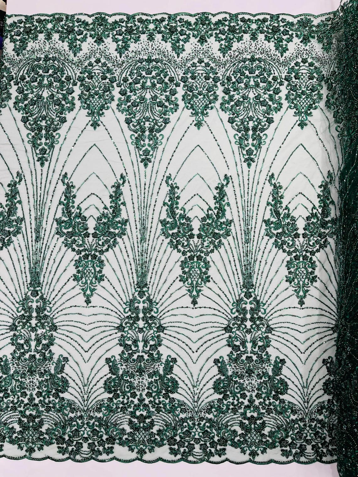 DAMASK  - HUNTER - Designs Embroider with Sequins and Heavy Beaded on a Mesh Lace Fabric - Sold By The Yard