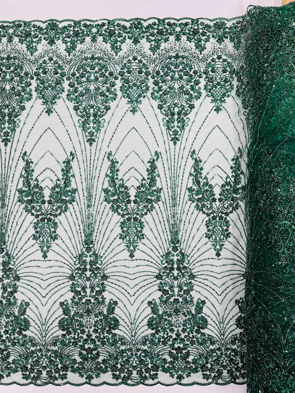 DAMASK  - HUNTER - Designs Embroider with Sequins and Heavy Beaded on a Mesh Lace Fabric - Sold By The Yard