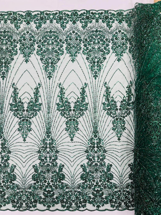 DAMASK  - HUNTER - Designs Embroider with Sequins and Heavy Beaded on a Mesh Lace Fabric - Sold By The Yard