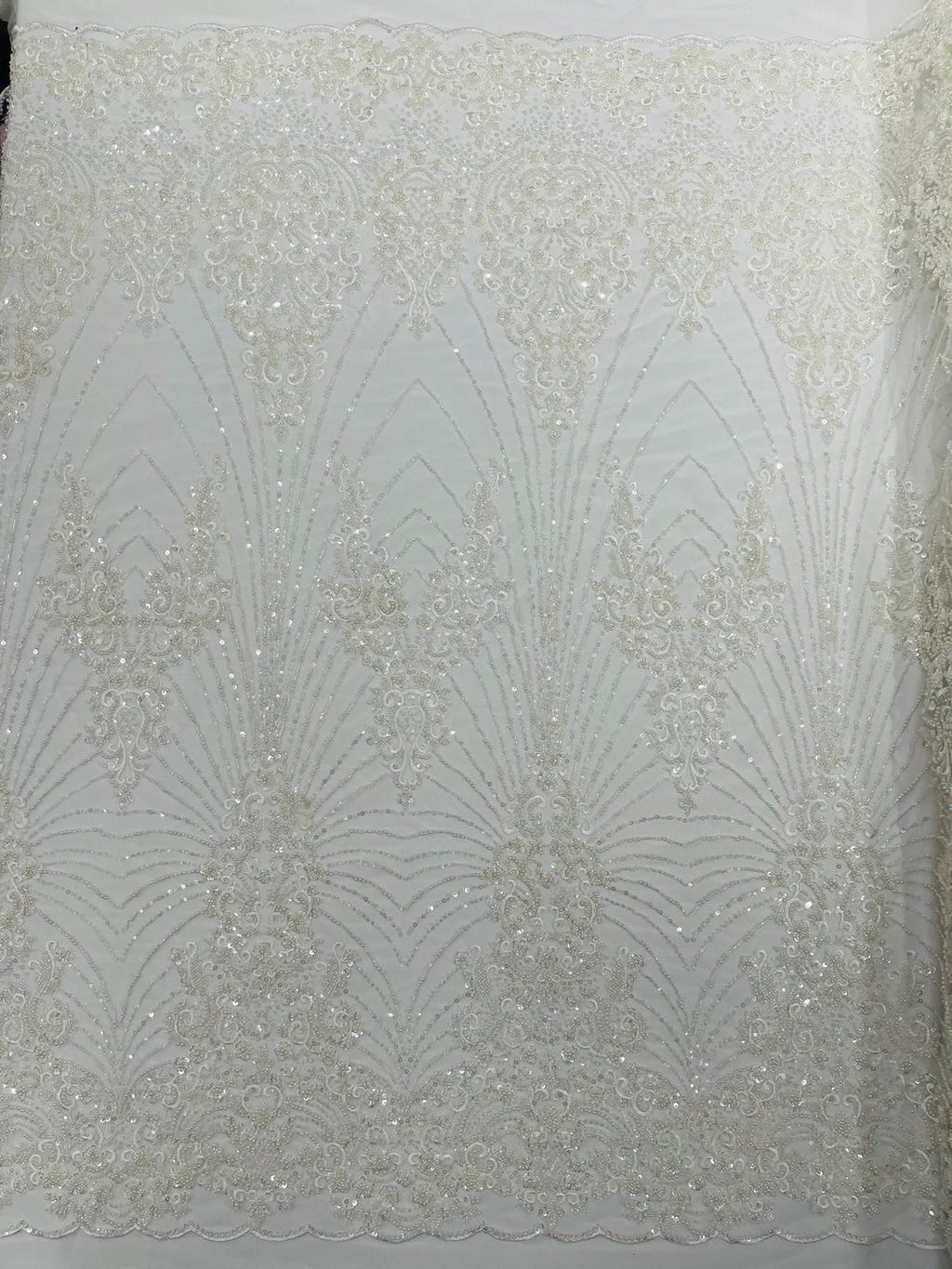 DAMASK  -IVORY - Designs Embroider with Sequins and Heavy Beaded on a Mesh Lace Fabric - Sold By The Yard