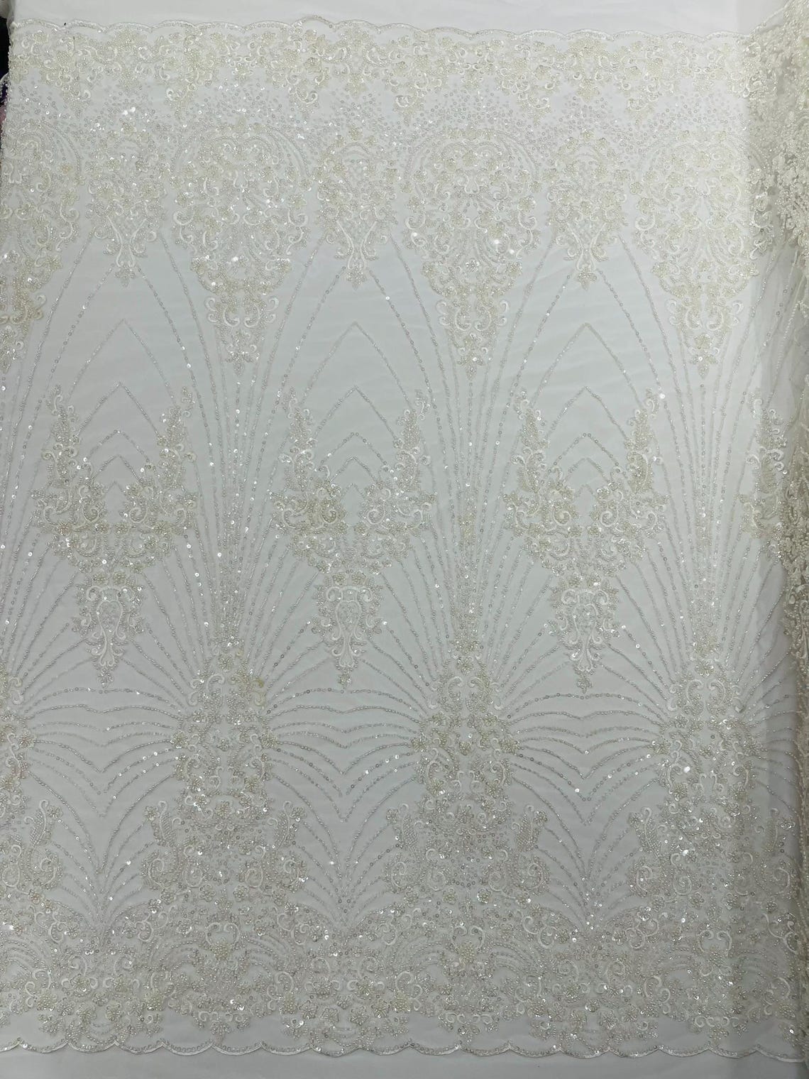 DAMASK  -IVORY - Designs Embroider with Sequins and Heavy Beaded on a Mesh Lace Fabric - Sold By The Yard