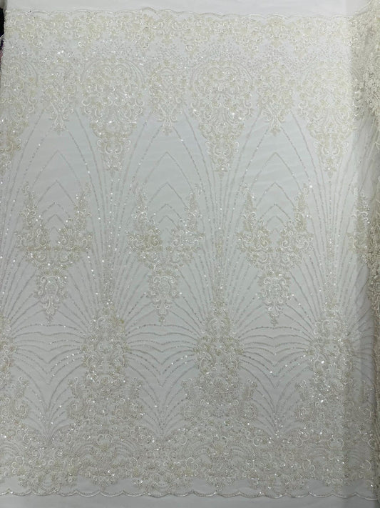 DAMASK  -IVORY - Designs Embroider with Sequins and Heavy Beaded on a Mesh Lace Fabric - Sold By The Yard