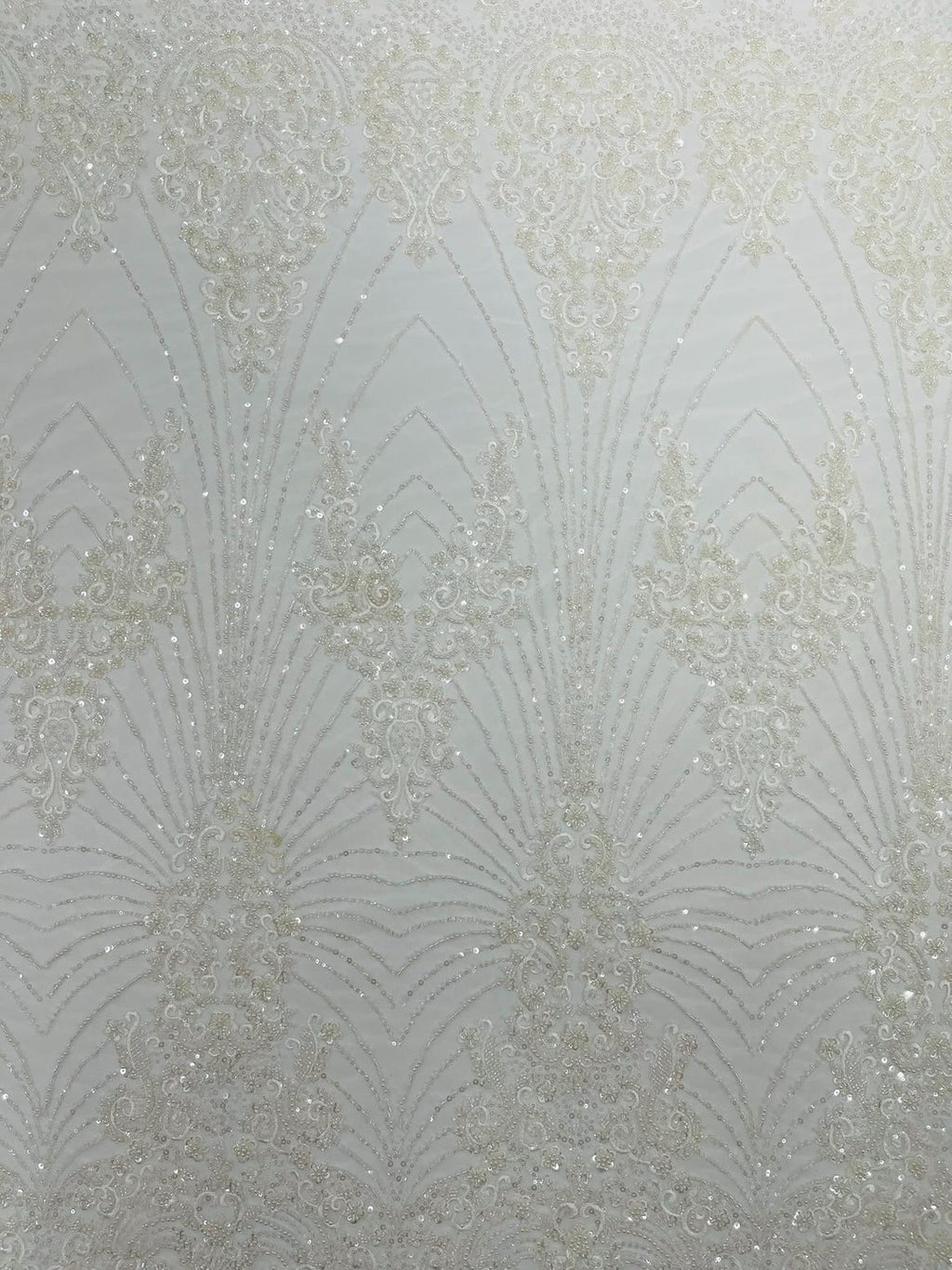 DAMASK  -IVORY - Designs Embroider with Sequins and Heavy Beaded on a Mesh Lace Fabric - Sold By The Yard