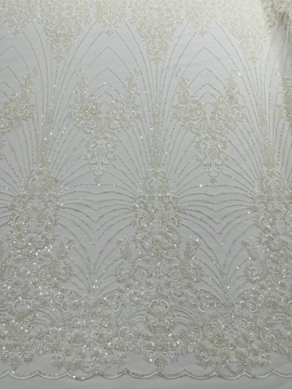 DAMASK  -IVORY - Designs Embroider with Sequins and Heavy Beaded on a Mesh Lace Fabric - Sold By The Yard