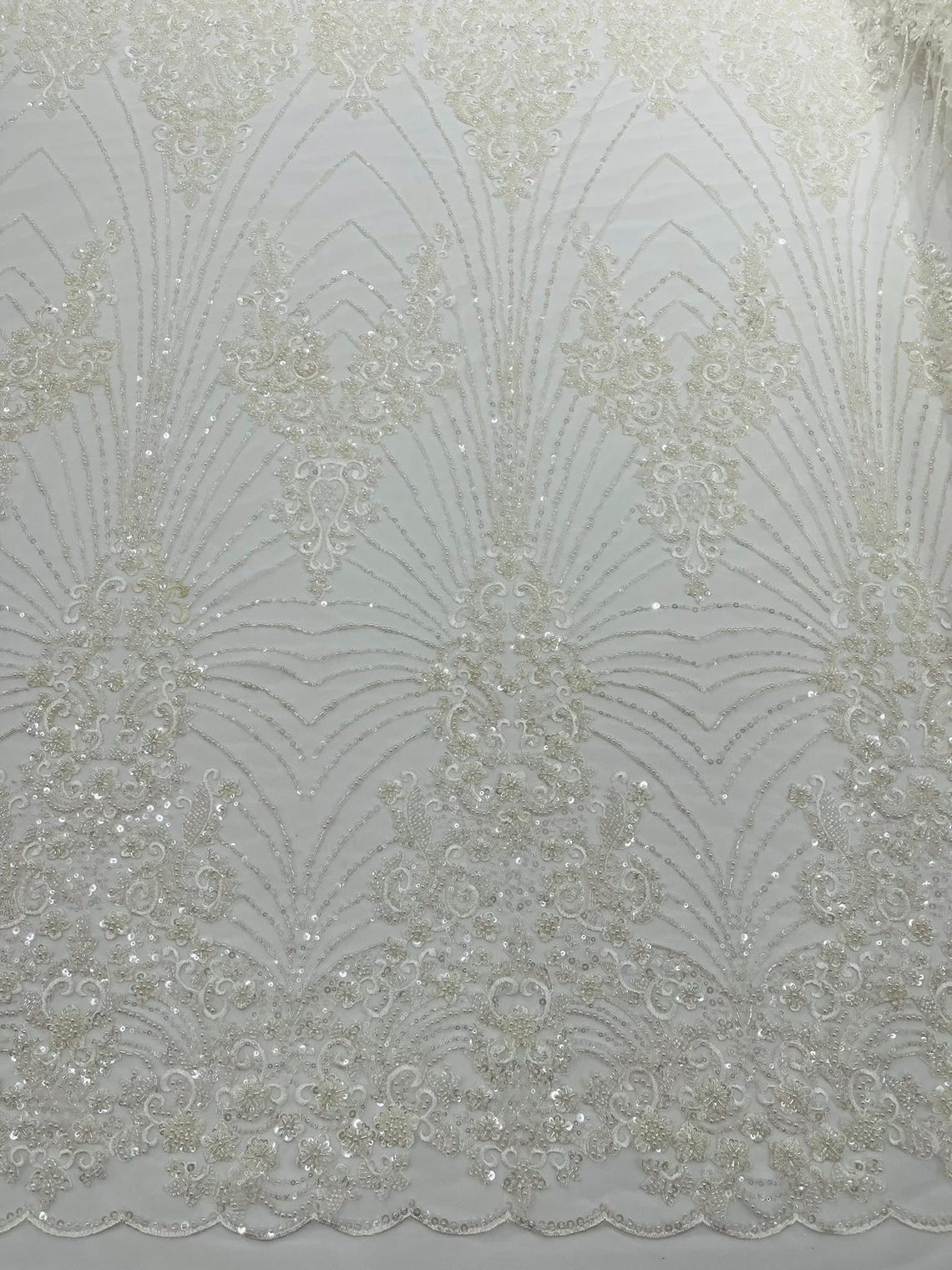 DAMASK  -IVORY - Designs Embroider with Sequins and Heavy Beaded on a Mesh Lace Fabric - Sold By The Yard