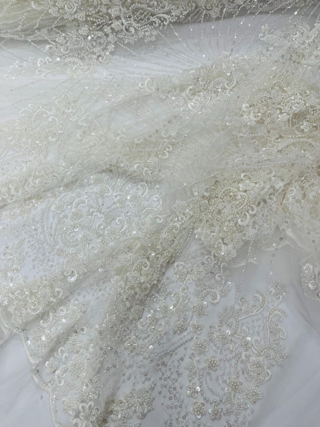 DAMASK  -IVORY - Designs Embroider with Sequins and Heavy Beaded on a Mesh Lace Fabric - Sold By The Yard