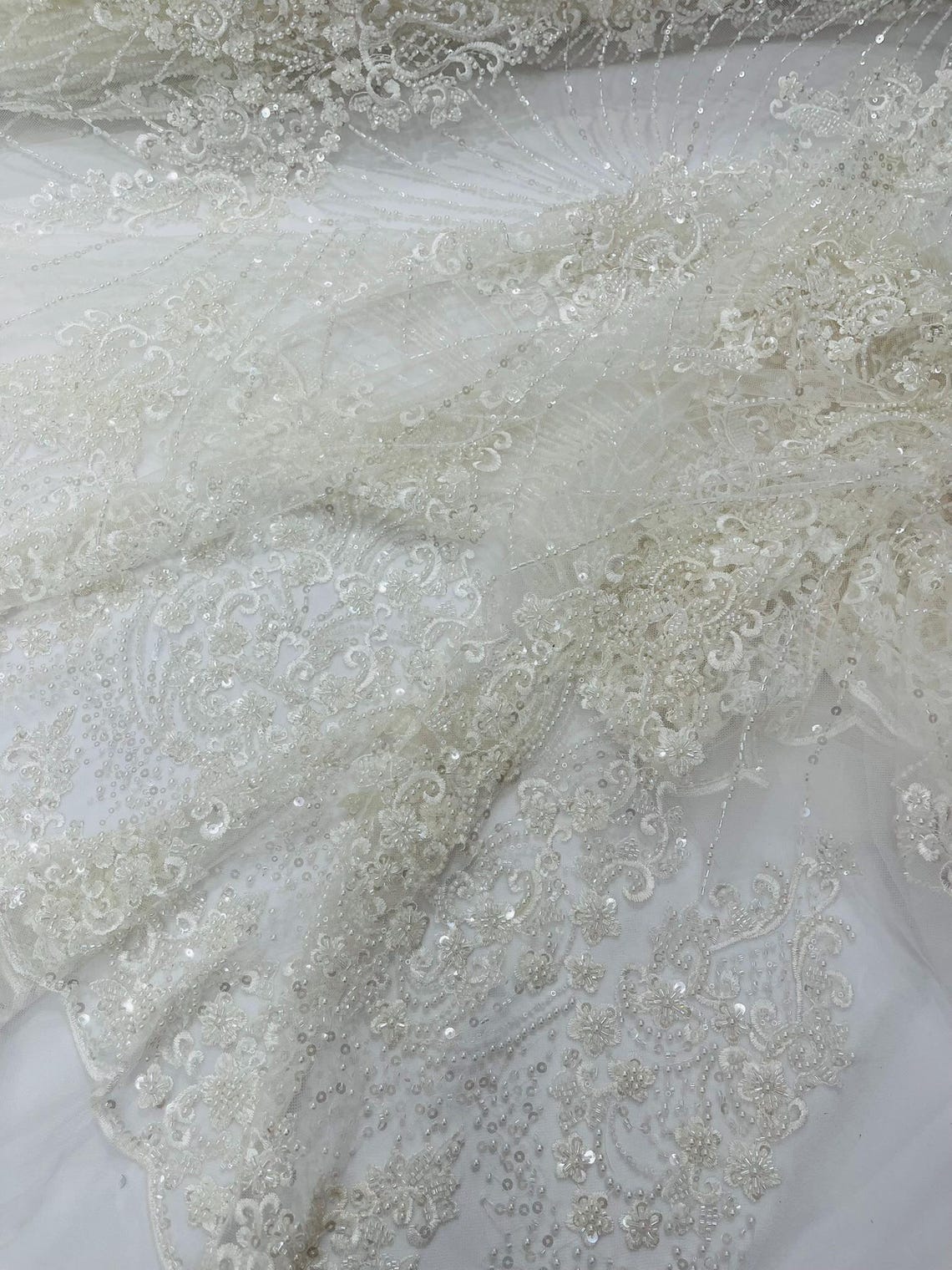 DAMASK  -IVORY - Designs Embroider with Sequins and Heavy Beaded on a Mesh Lace Fabric - Sold By The Yard