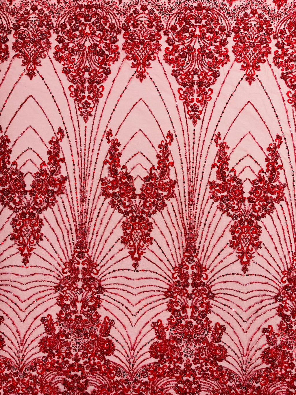 DAMASK  - RED - Designs Embroider with Sequins and Heavy Beaded on a Mesh Lace Fabric - Sold By The Yard