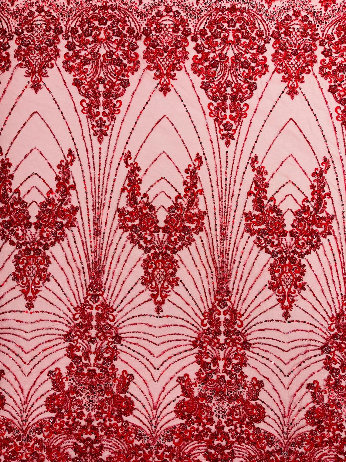 DAMASK  - RED - Designs Embroider with Sequins and Heavy Beaded on a Mesh Lace Fabric - Sold By The Yard