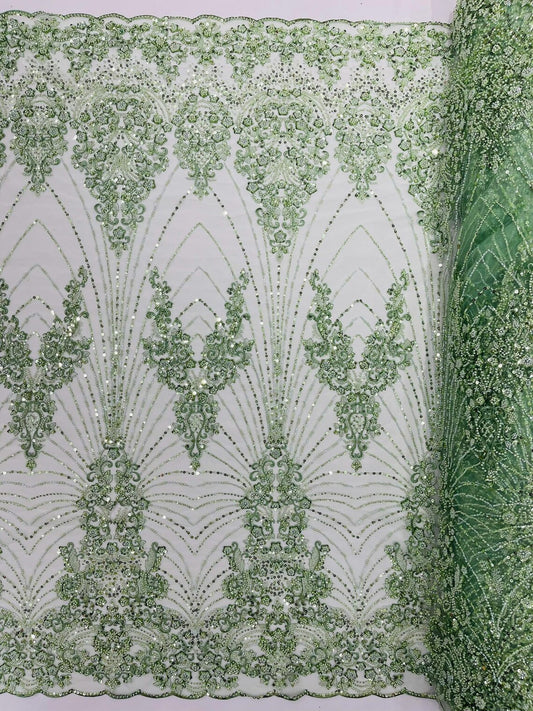 DAMASK  - SAGE - Designs Embroider with Sequins and Heavy Beaded on a Mesh Lace Fabric - Sold By The Yard