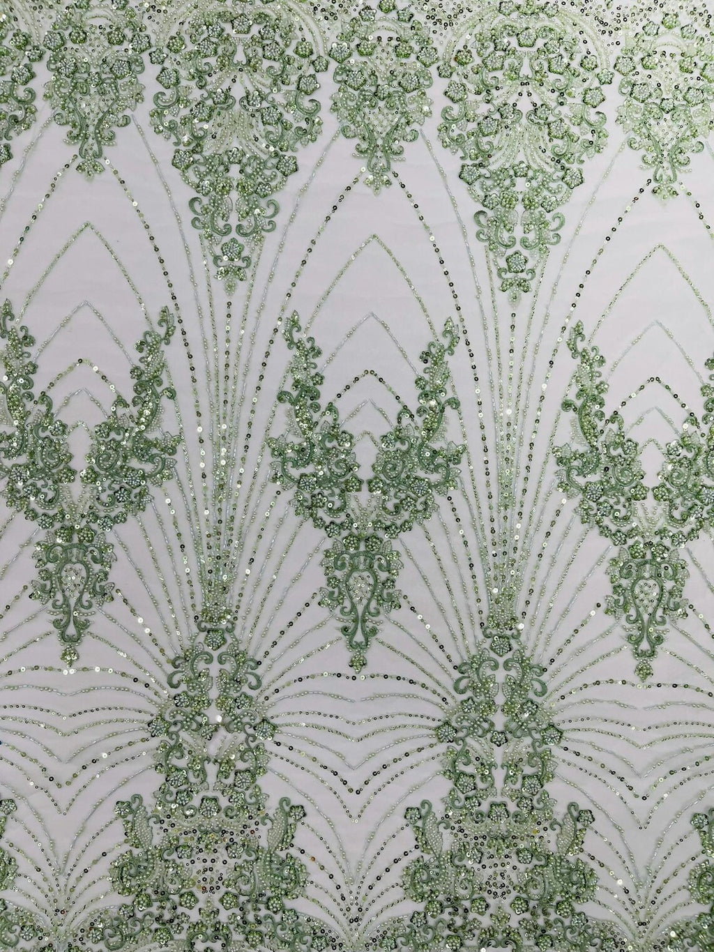 DAMASK  - SAGE - Designs Embroider with Sequins and Heavy Beaded on a Mesh Lace Fabric - Sold By The Yard