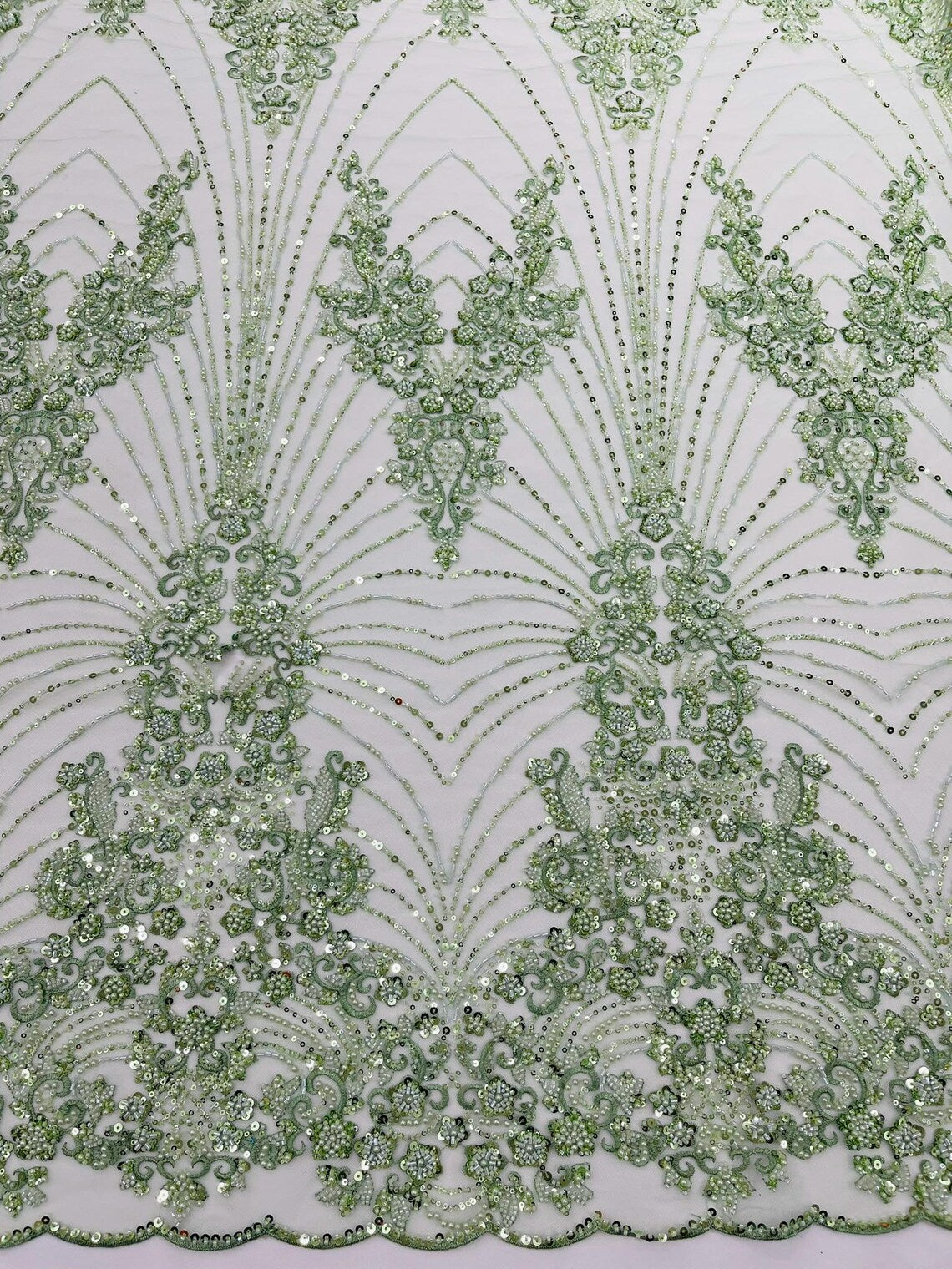 DAMASK  - SAGE - Designs Embroider with Sequins and Heavy Beaded on a Mesh Lace Fabric - Sold By The Yard