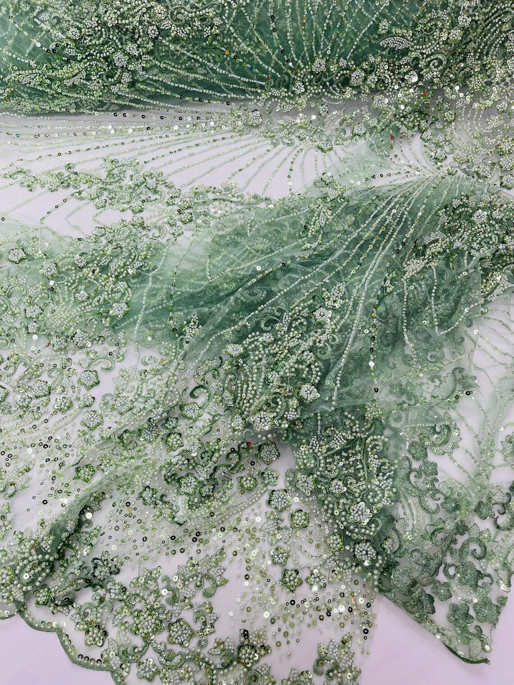 DAMASK  - SAGE - Designs Embroider with Sequins and Heavy Beaded on a Mesh Lace Fabric - Sold By The Yard
