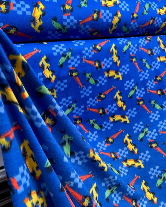 Race Cars Royal Blue Print - Anti Pill Theme Fleece Fabric, 60” Inches Wide – Sold By The Yard