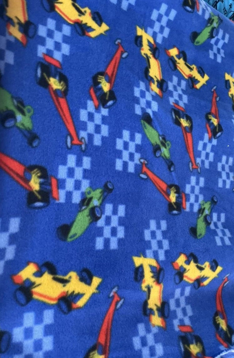 Race Cars Royal Blue Print - Anti Pill Theme Fleece Fabric, 60” Inches Wide – Sold By The Yard