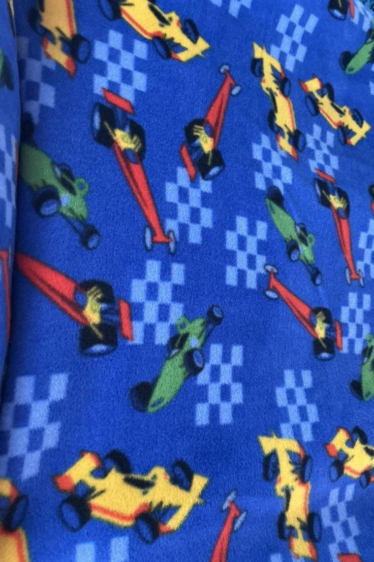 Race Cars Royal Blue Print - Anti Pill Theme Fleece Fabric, 60” Inches Wide – Sold By The Yard